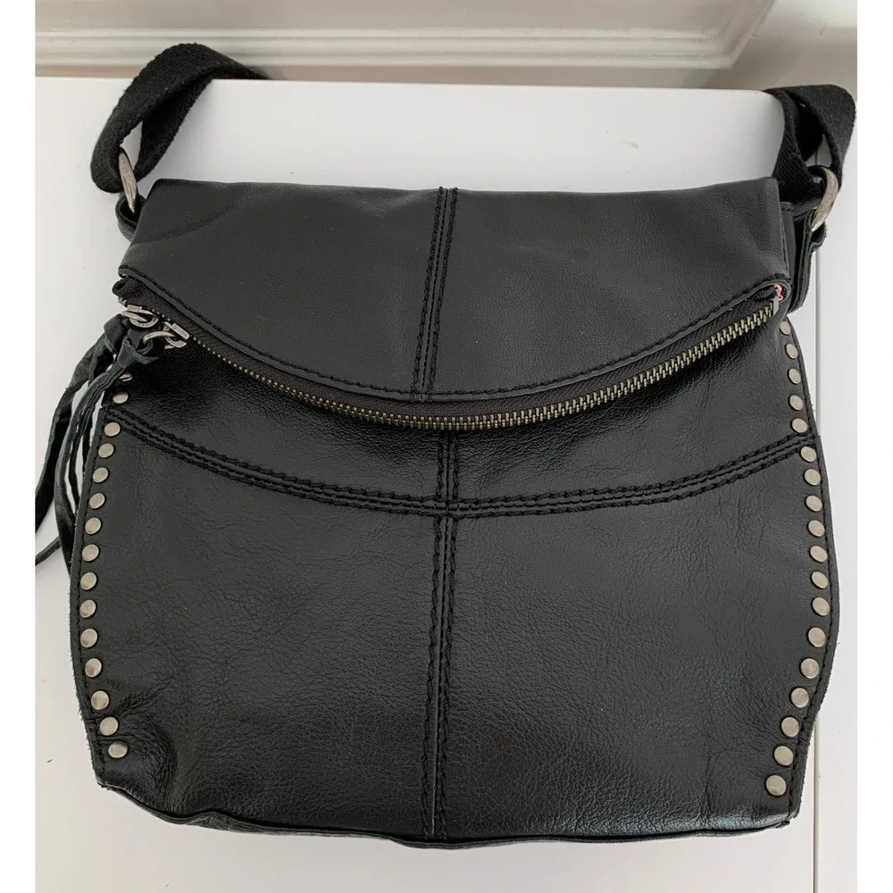 The Sak Silverlake Crossbody Purse / Black Studded Leather Moto Bag w Fringe Zip